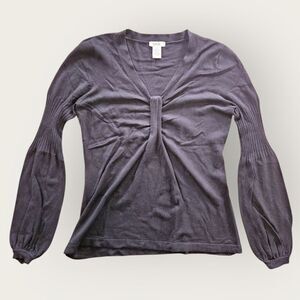 Caché V-neck Balloon Sleeve Gathered Detail Knit Blouse Sweater Top in Black M